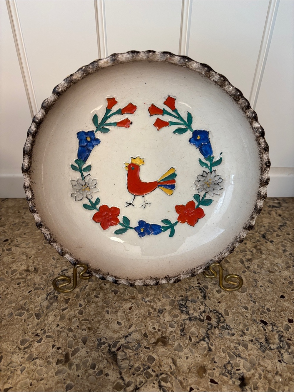 RARE Vintage Goebel Ceramic Plate with Colorful Rooster & Floral Design